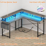 Unikito L Shaped Desk with Monitor Stand, 47'' Reversible L-Shaped Gaming Desk with Storage Shelves, Ergonomic Corner Computer Desk with Power Outlet and LED Lights for Home Office