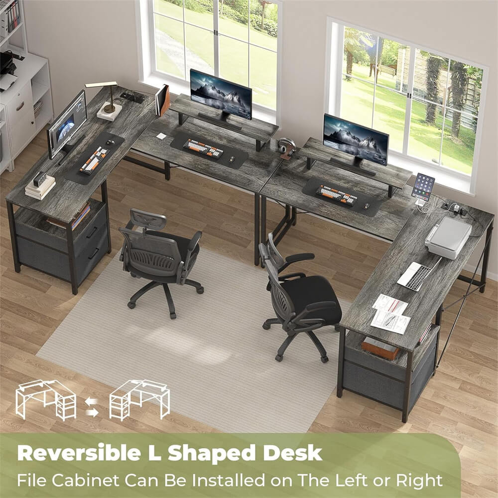 Unikito L Shaped Desk with Power Outlet and LED Lights, Reversible Corner Computer Desk with Drawers and Storage Shelf, Ergonomic L-Shaped Gaming Desk with Monitor Stand for Home Office