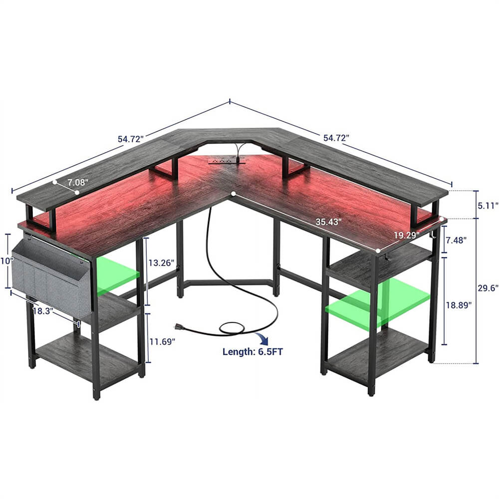 Unikito 55 Inch Reversible L Shaped Desk with Power Outlet and USB