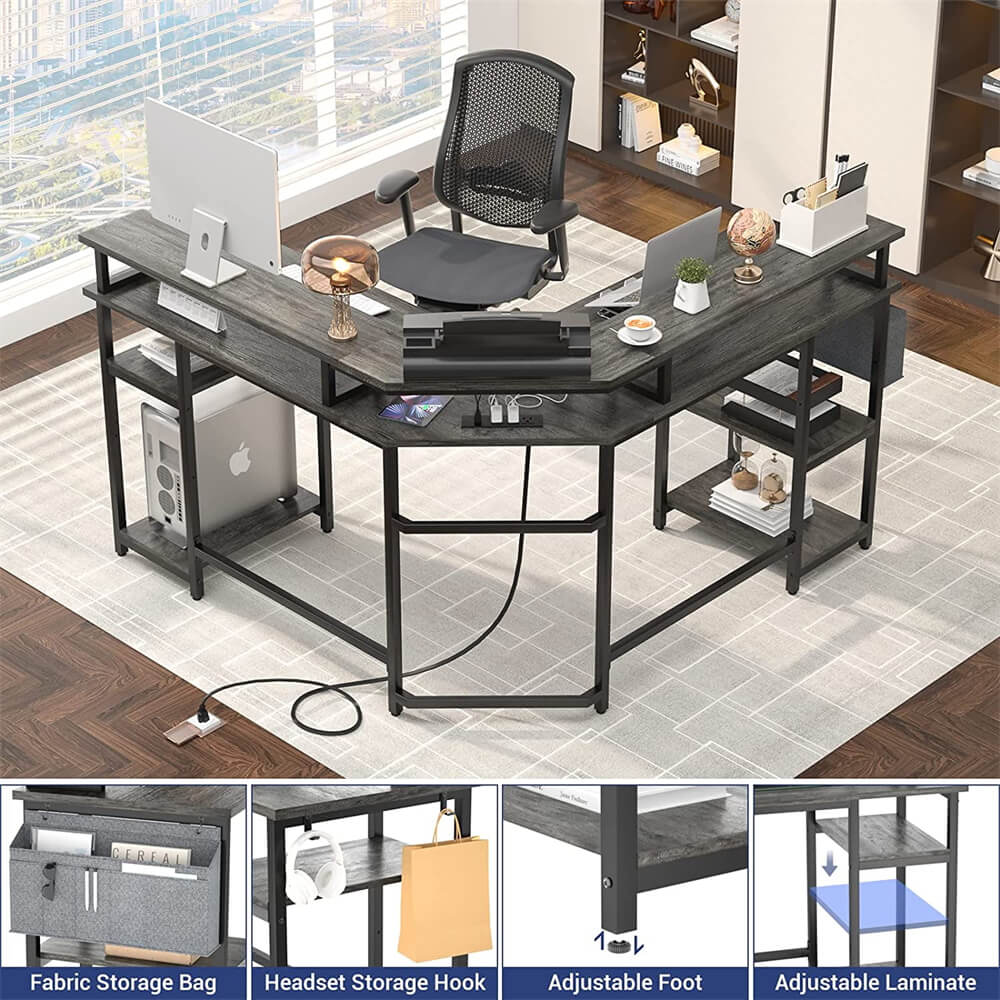 Unikito 55 Inch Reversible L Shaped Desk with Power Outlet and USB