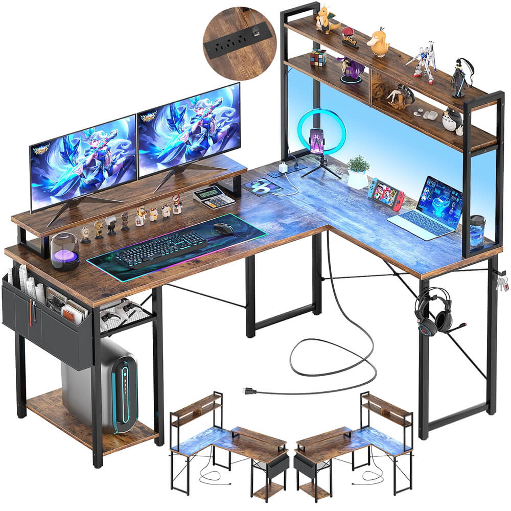 Unikito L Shaped Computer Desk with Hutch, Reversible Gaming Desk with Monitor Stand & Storage Shelf, Corner Desks Home Office Desk with Power Outlets & LED Lights