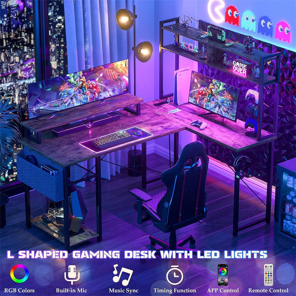 Unikito L Shaped Computer Desk with Hutch, Reversible Gaming Desk with Monitor Stand & Storage Shelf, Corner Desks Home Office Desk with Power Outlets & LED Lights