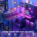 Unikito L Shaped Computer Desk with Hutch, Reversible Gaming Desk with Monitor Stand & Storage Shelf, Corner Desks Home Office Desk with Power Outlets & LED Lights