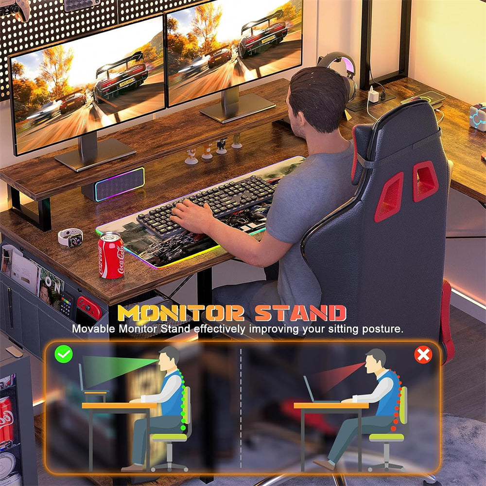 Unikito L Shaped Computer Desk with Hutch, Reversible Gaming Desk with Monitor Stand & Storage Shelf, Corner Desks Home Office Desk with Power Outlets & LED Lights