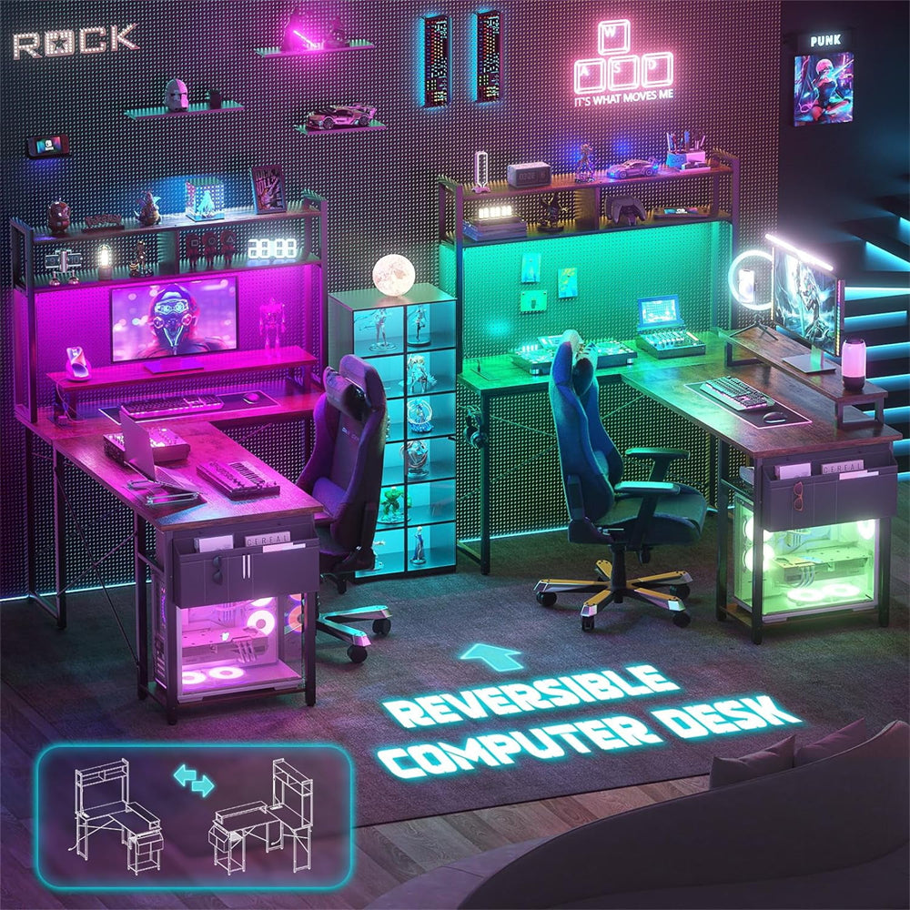 Unikito L Shaped Computer Desk with Hutch, Reversible Gaming Desk with Monitor Stand & Storage Shelf, Corner Desks Home Office Desk with Power Outlets & LED Lights
