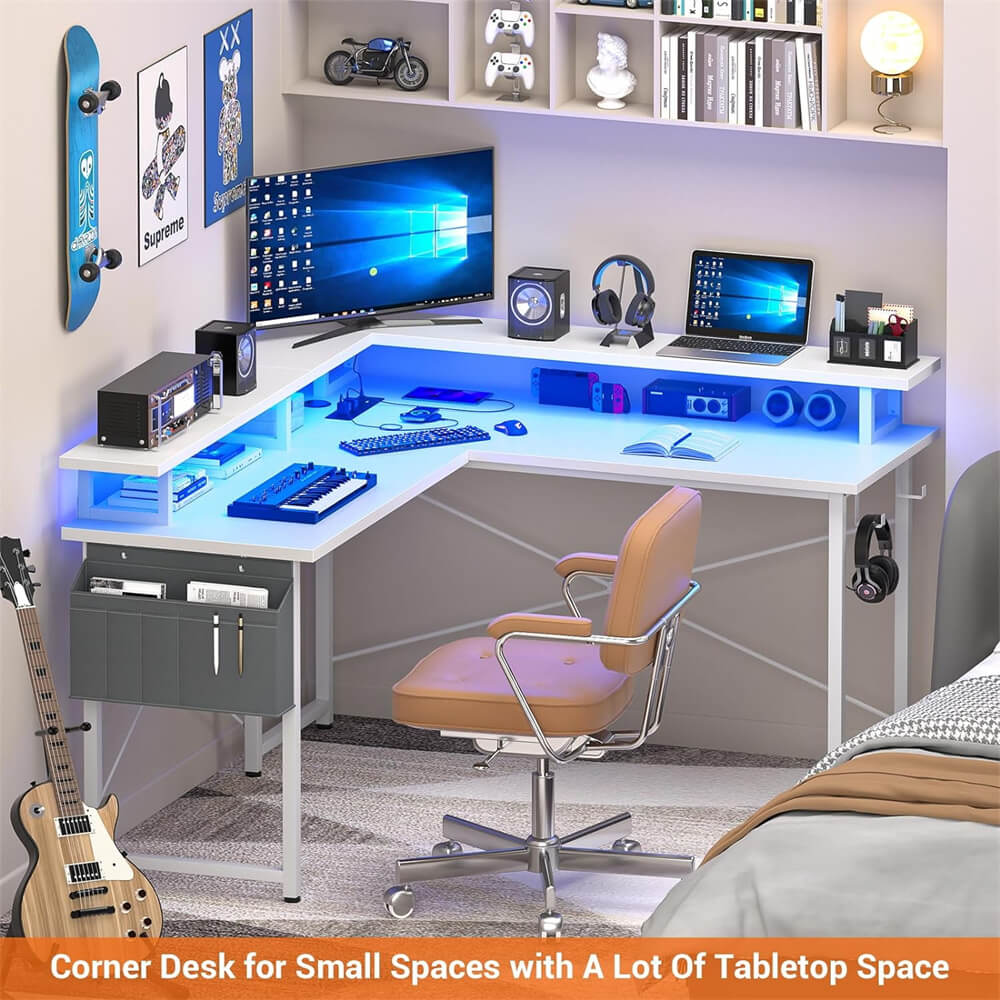 Unikito L Shaped Desk with Monitor Stand, 47'' Reversible L-Shaped Gaming Desk with Storage Shelves, Ergonomic Corner Computer Desk with Power Outlet and LED Lights for Home Office