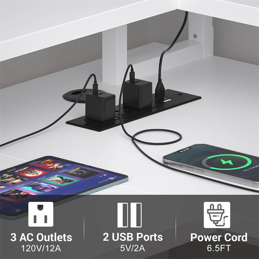 Unikito L Shaped Desk with Monitor Stand, 47'' Reversible L-Shaped Gaming Desk with Storage Shelves, Ergonomic Corner Computer Desk with Power Outlet and LED Lights for Home Office