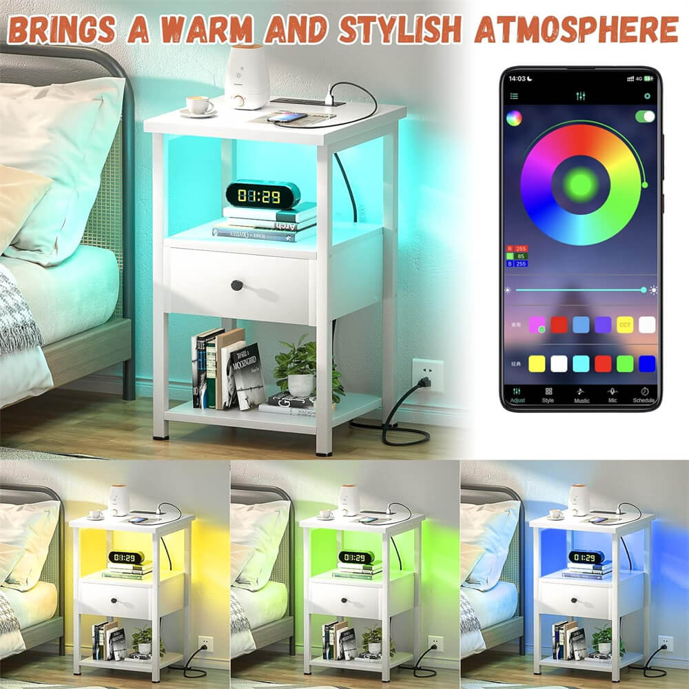 Unikito Nightstand Set of 2 with Charging Station, End Table Bedside Table with LED Lights, Modern Nightstands with Drawers and Storage Shelf, Wood Night Stands for Bedroom, Living Room