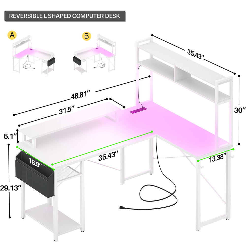 Unikito L Shaped Computer Desk with Hutch, Reversible Gaming Desk with Monitor Stand & Storage Shelf, Corner Desks Home Office Desk with Power Outlets & LED Lights
