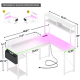 Unikito L Shaped Computer Desk with Hutch, Reversible Gaming Desk with Monitor Stand & Storage Shelf, Corner Desks Home Office Desk with Power Outlets & LED Lights