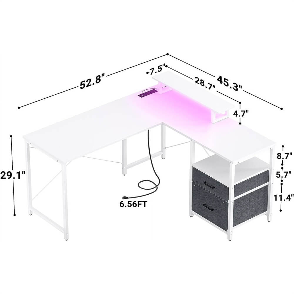 Unikito L Shaped Desk with Power Outlet and LED Lights, Reversible Corner Computer Desk with Drawers and Storage Shelf, Ergonomic L-Shaped Gaming Desk with Monitor Stand for Home Office