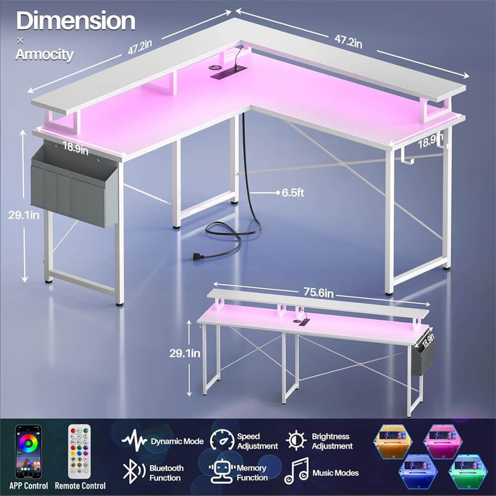 Unikito L Shaped Desk with Monitor Stand, 47'' Reversible L-Shaped Gaming Desk with Storage Shelves, Ergonomic Corner Computer Desk with Power Outlet and LED Lights for Home Office