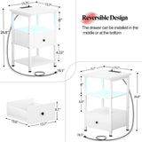 Unikito Nightstand Set of 2 with Charging Station, End Table Bedside Table with LED Lights, Modern Nightstands with Drawers and Storage Shelf, Wood Night Stands for Bedroom, Living Room