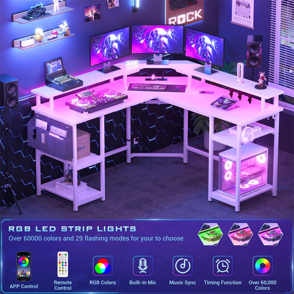 Unikito L Shaped Desk with Power Outlet and USB Ports, 55" Reversible Gaming Desk with Monitor Stand and LED Light, Corner Computer Desk with Storage Shelf