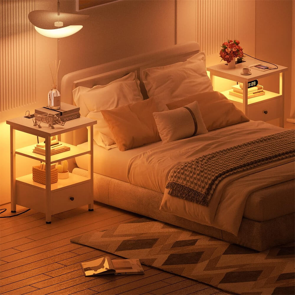 Unikito Nightstand Set of 2 with Charging Station, End Table Bedside Table with LED Lights, Modern Nightstands with Drawers and Storage Shelf, Wood Night Stands for Bedroom, Living Room