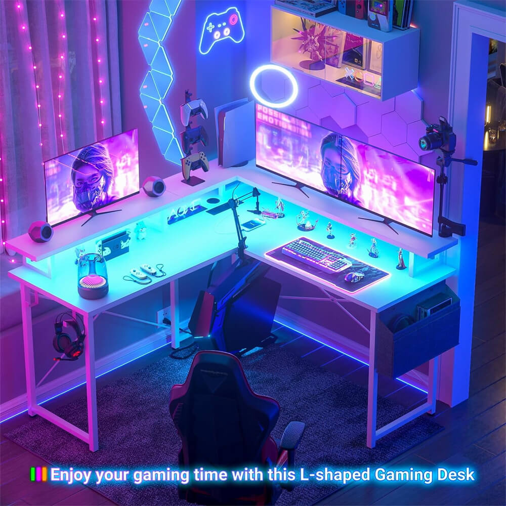 Unikito L Shaped Desk with Monitor Stand, 47'' Reversible L-Shaped Gaming Desk with Storage Shelves, Ergonomic Corner Computer Desk with Power Outlet and LED Lights for Home Office