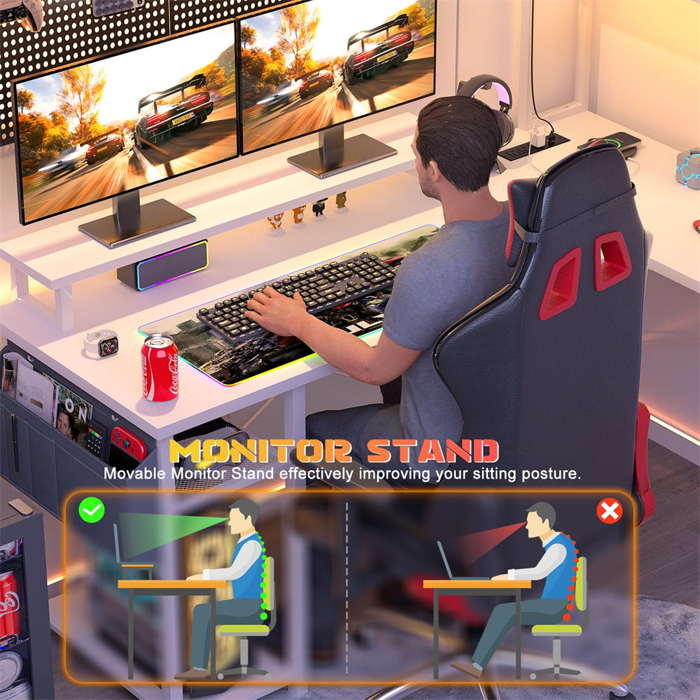 Unikito L Shaped Computer Desk with Hutch, Reversible Gaming Desk with Monitor Stand & Storage Shelf, Corner Desks Home Office Desk with Power Outlets & LED Lights