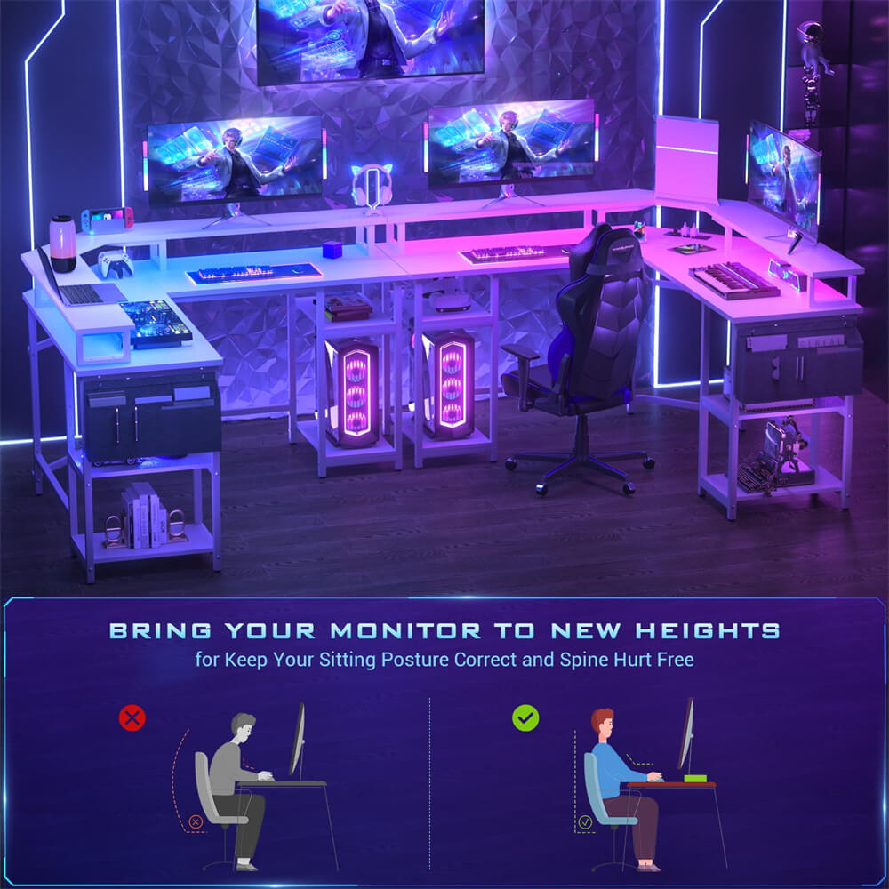 Unikito L Shaped Desk with Power Outlet and USB Ports, 55" Reversible Gaming Desk with Monitor Stand and LED Light, Corner Computer Desk with Storage Shelf