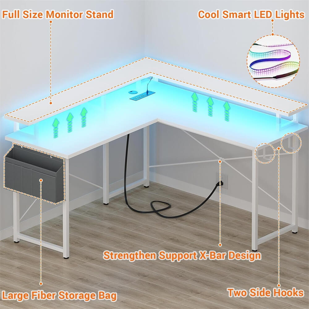 Unikito L Shaped Desk with Monitor Stand, 47'' Reversible L-Shaped Gaming Desk with Storage Shelves, Ergonomic Corner Computer Desk with Power Outlet and LED Lights for Home Office