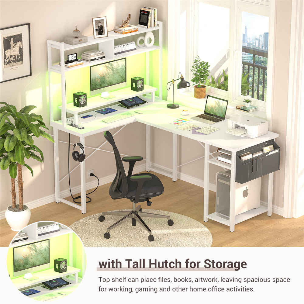 Unikito L Shaped Computer Desk with Hutch, Reversible Gaming Desk with Monitor Stand & Storage Shelf, Corner Desks Home Office Desk with Power Outlets & LED Lights