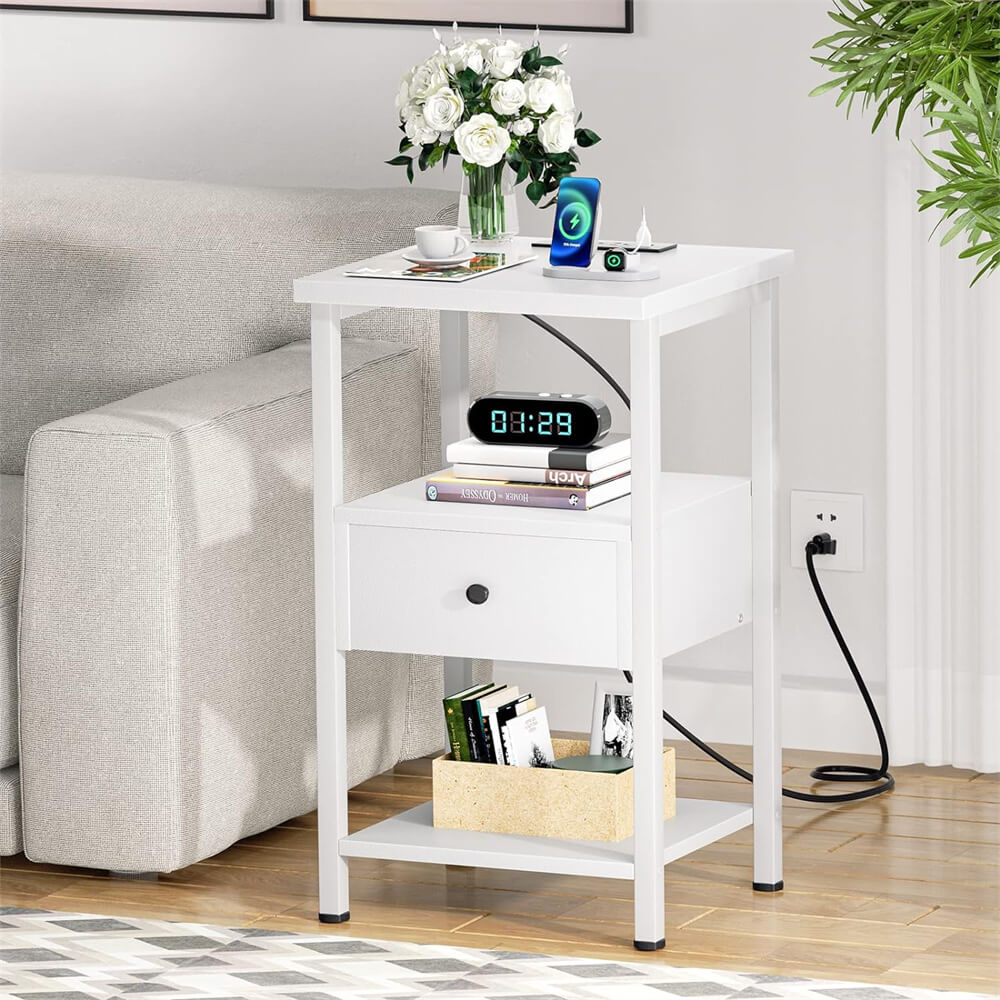 Unikito Nightstand Set of 2 with Charging Station, End Table Bedside Table with LED Lights, Modern Nightstands with Drawers and Storage Shelf, Wood Night Stands for Bedroom, Living Room