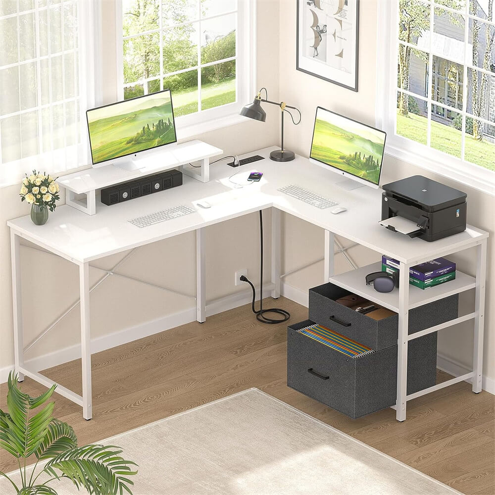 Unikito L Shaped Desk with Power Outlet and LED Lights, Reversible Corner Computer Desk with Drawers and Storage Shelf, Ergonomic L-Shaped Gaming Desk with Monitor Stand for Home Office