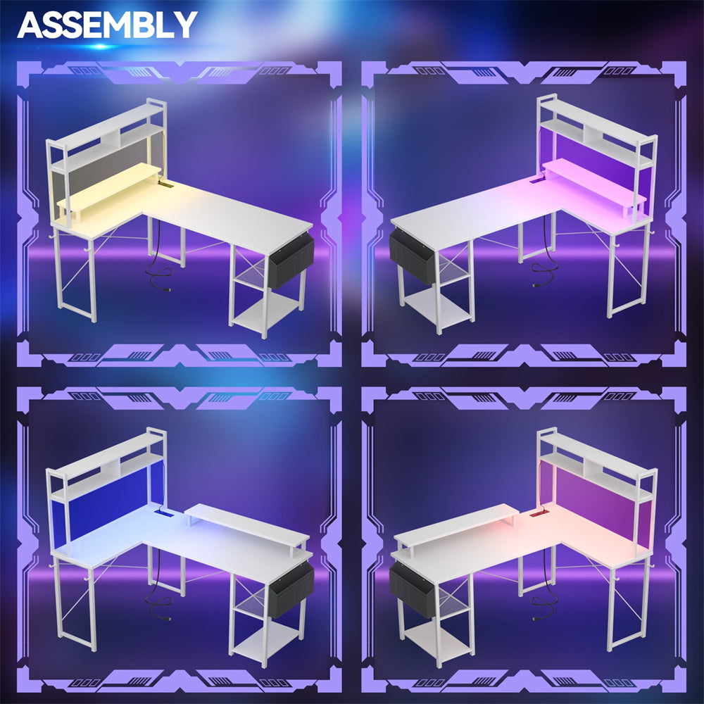 Unikito L Shaped Computer Desk with Hutch, Reversible Gaming Desk with Monitor Stand & Storage Shelf, Corner Desks Home Office Desk with Power Outlets & LED Lights