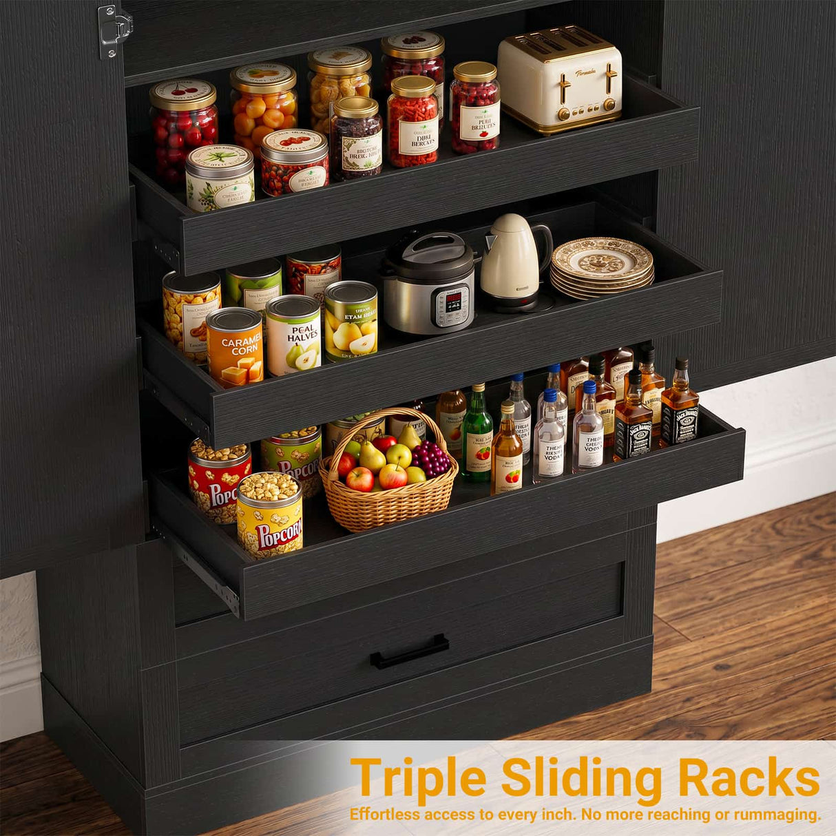 71" Tall Kitchen Pantry Cabinet with 3 Pull-Out Shelves & Drawers