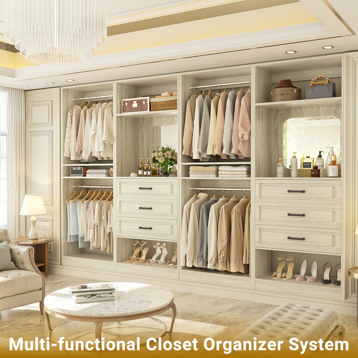 Closet System with Drawers, 100” Wood Closet Organizer with Hanging Rods and Mirror