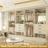 Closet System with Drawers, 100” Wood Closet Organizer with Hanging Rods and Mirror
