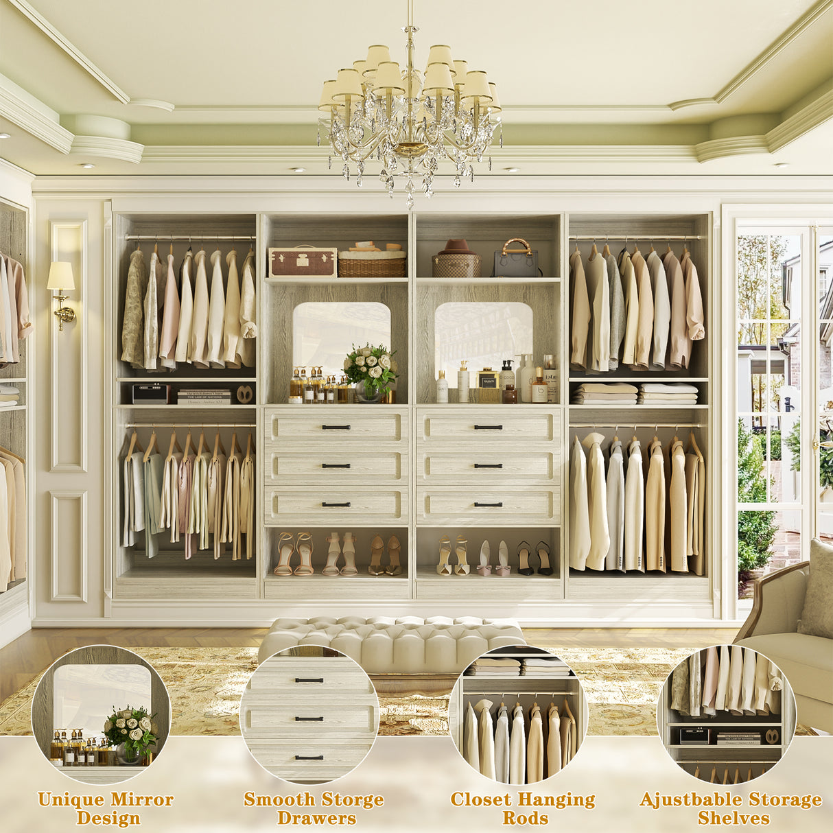 Closet System with Drawers, 100” Wood Closet Organizer with Hanging Rods and Mirror