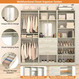 75" Closet Organizer System with Mirror, Wood Closets Organizer with Hanging Rods and Drawers