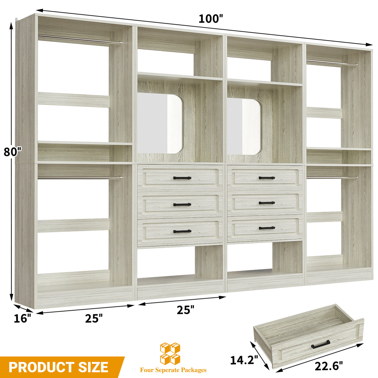 Closet System with Drawers, 100” Wood Closet Organizer with Hanging Rods and Mirror