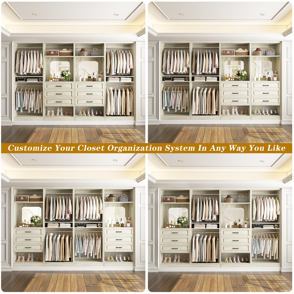 Closet System with Drawers, 100” Wood Closet Organizer with Hanging Rods and Mirror