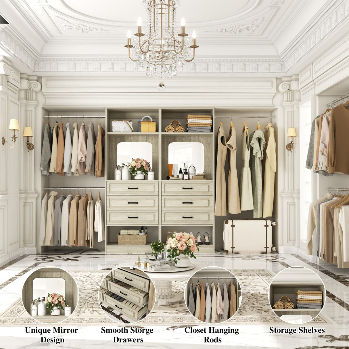 Unikito Closet System with 6 Drawers, 6-14Ft Closet Organizer with 3 Hanging Rods and Mirror
