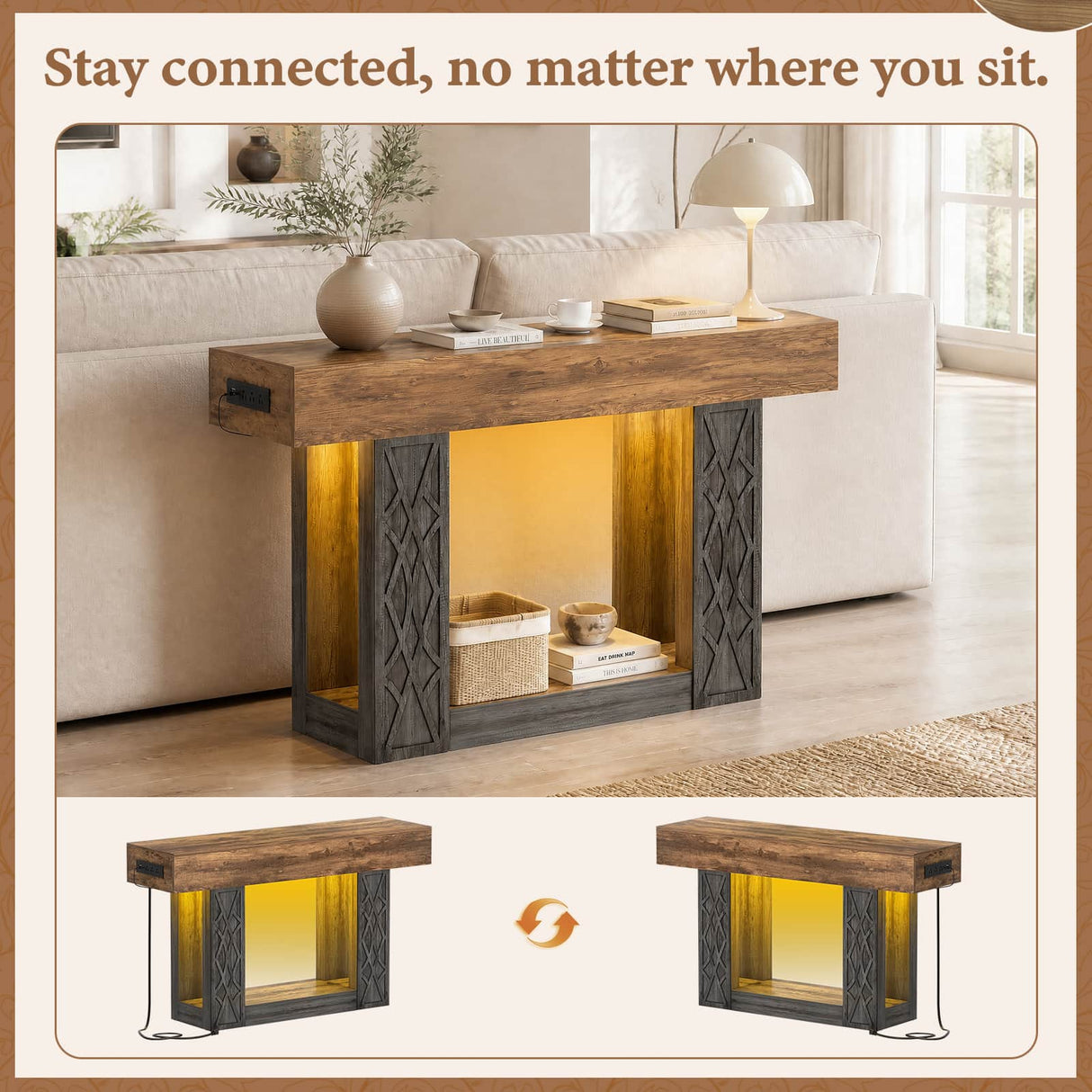 47" Console Table with LED Lights & Outlets, Farmhouse Entryway Table with Geometric Lattice Pattern, 2-Tier Narrow Sofa Table Behind Couch for Living Room, Hallway, Foyer