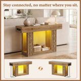 47" Console Table with LED Lights & Outlets, Farmhouse Entryway Table with Geometric Lattice Pattern, 2-Tier Narrow Sofa Table Behind Couch for Living Room, Hallway, Foyer