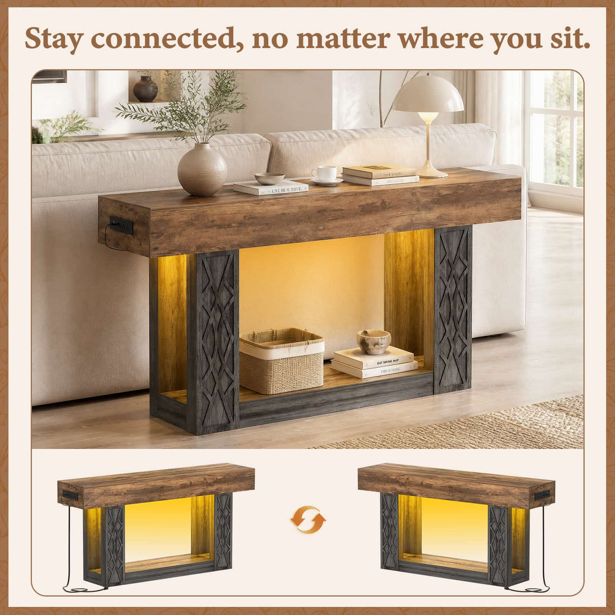 63" Console Table with LED Lights & Outlets, Farmhouse Entryway Table with Geometric Lattice Pattern, 2-Tier Narrow Sofa Table Behind Couch for Living Room, Hallway, Foyer