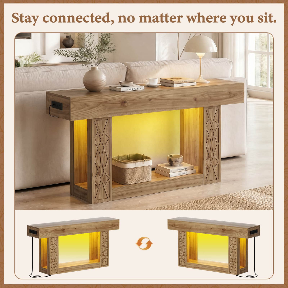 63" Console Table with LED Lights & Outlets, Farmhouse Entryway Table with Geometric Lattice Pattern, 2-Tier Narrow Sofa Table Behind Couch for Living Room, Hallway, Foyer