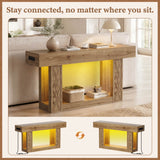 63" Console Table with LED Lights & Outlets, Farmhouse Entryway Table with Geometric Lattice Pattern, 2-Tier Narrow Sofa Table Behind Couch for Living Room, Hallway, Foyer
