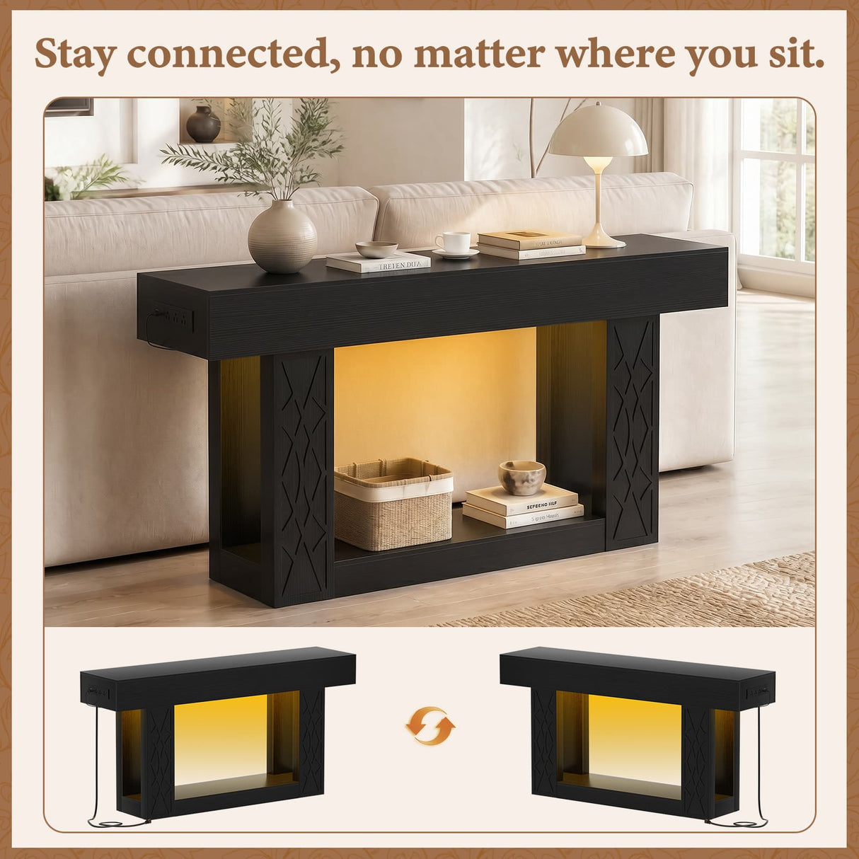 63" Console Table with LED Lights & Outlets, Farmhouse Entryway Table with Geometric Lattice Pattern, 2-Tier Narrow Sofa Table Behind Couch for Living Room, Hallway, Foyer