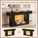 63" Console Table with LED Lights & Outlets, Farmhouse Entryway Table with Geometric Lattice Pattern, 2-Tier Narrow Sofa Table Behind Couch for Living Room, Hallway, Foyer