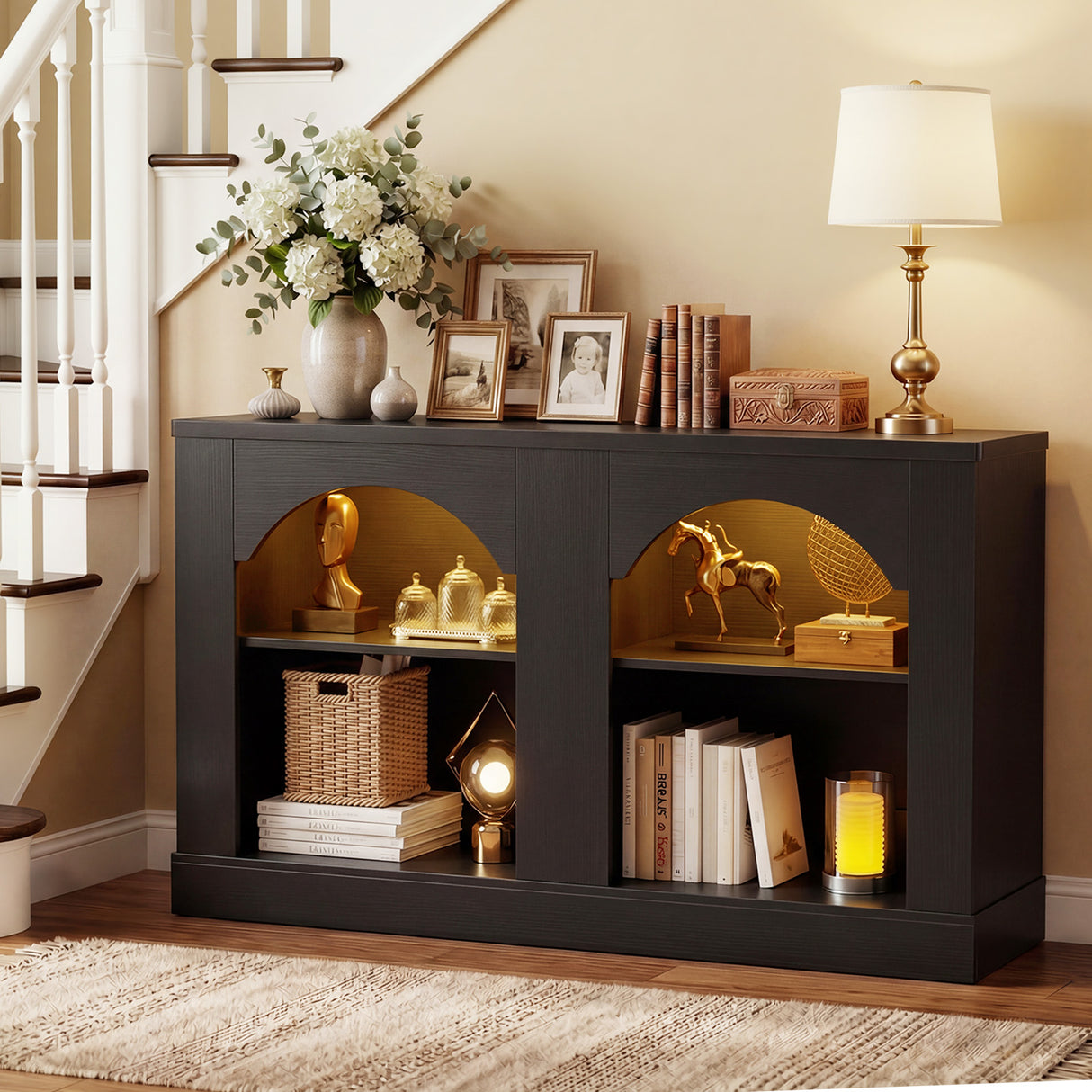 Entryway Table with LED Lights, 47" Farmhouse Console Table with Adjustable Shelves, Sofa Table