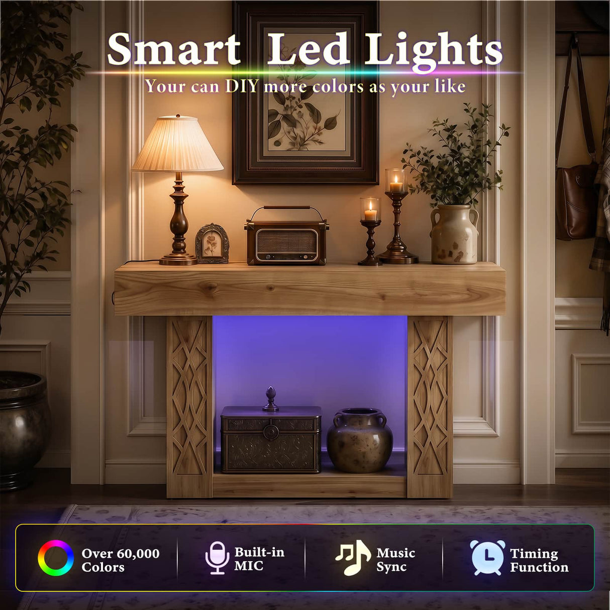 47" Console Table with LED Lights & Outlets, Farmhouse Entryway Table with Geometric Lattice Pattern, 2-Tier Narrow Sofa Table Behind Couch for Living Room, Hallway, Foyer