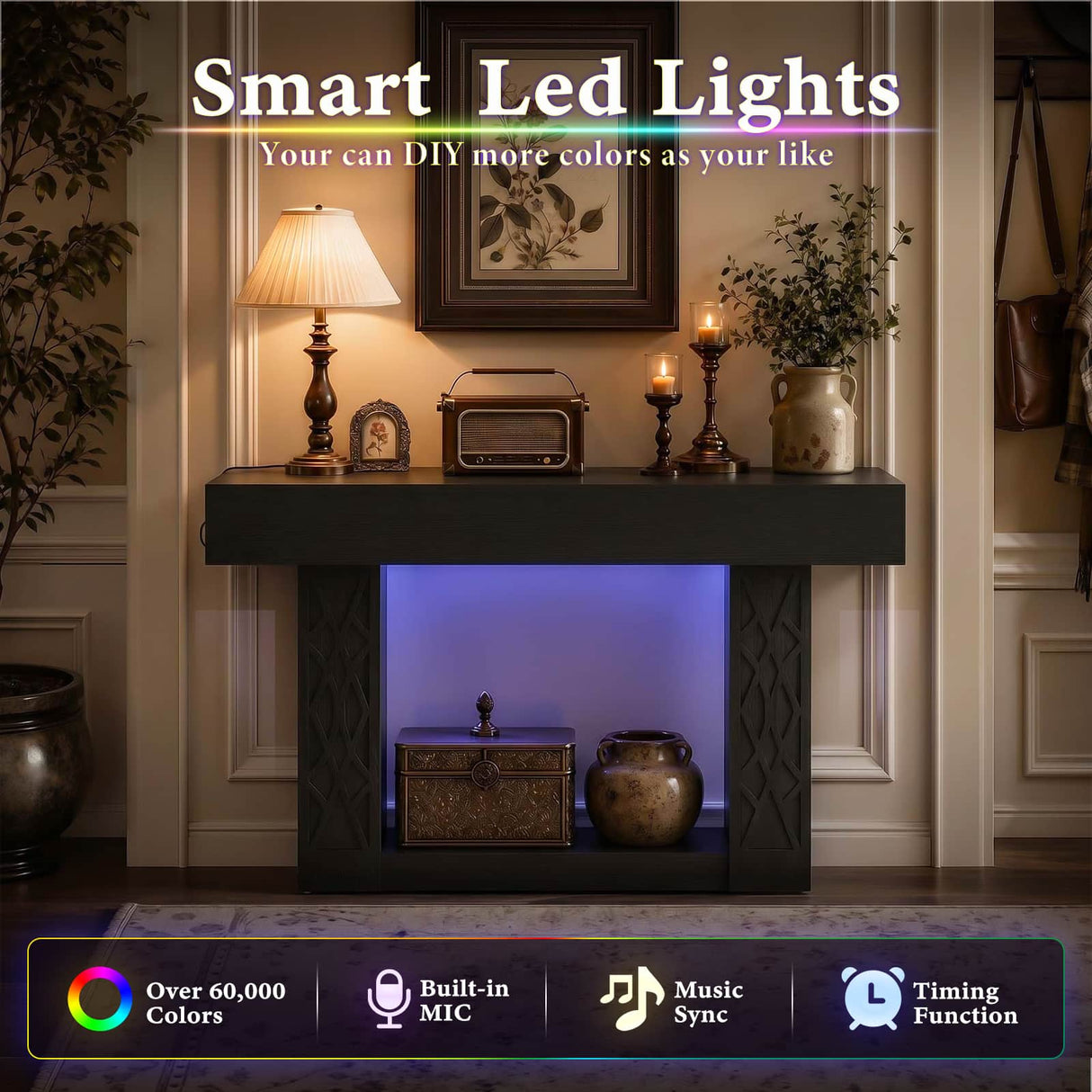 47" Console Table with LED Lights & Outlets, Farmhouse Entryway Table with Geometric Lattice Pattern, 2-Tier Narrow Sofa Table Behind Couch for Living Room, Hallway, Foyer