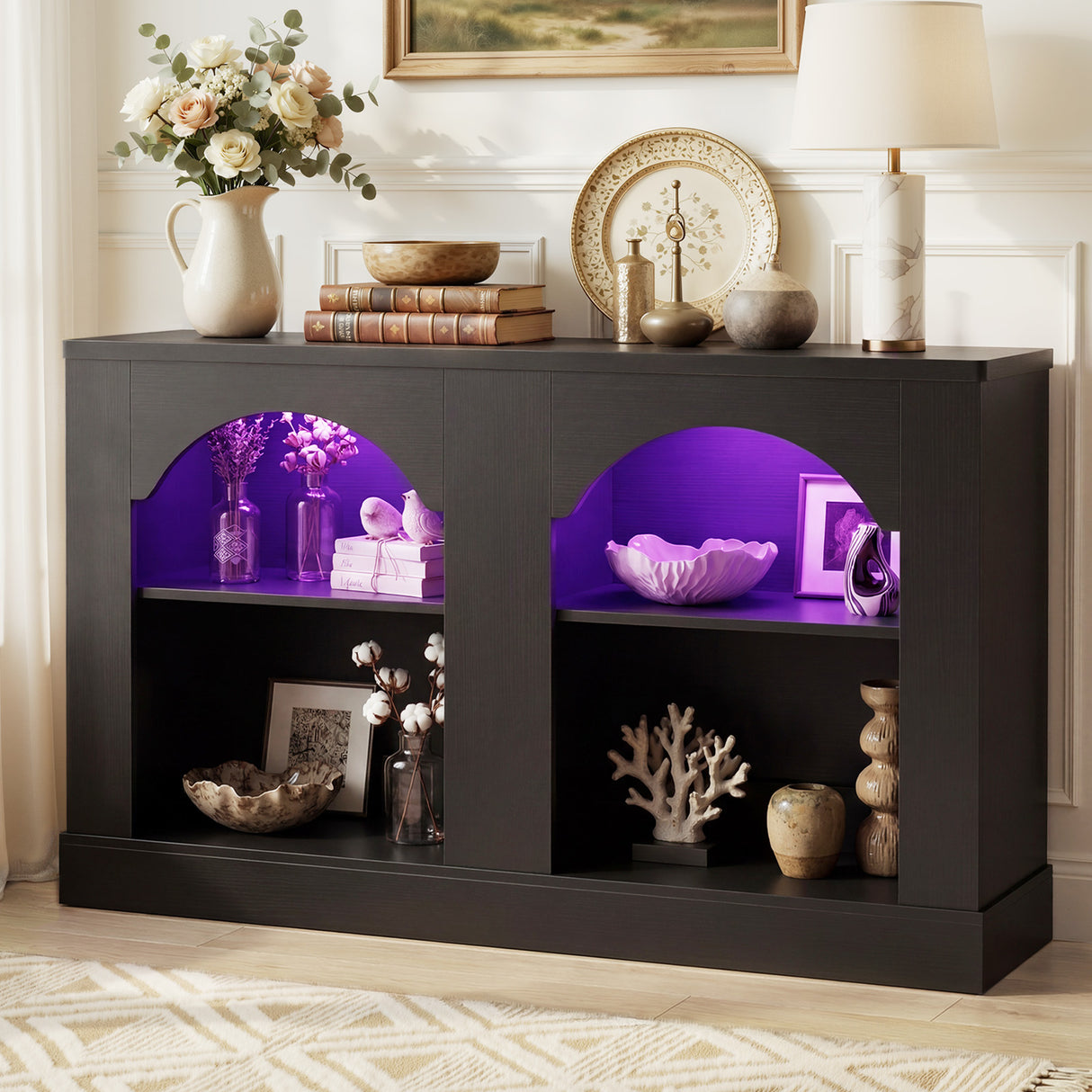 Entryway Table with LED Lights, 47" Farmhouse Console Table with Adjustable Shelves, Sofa Table