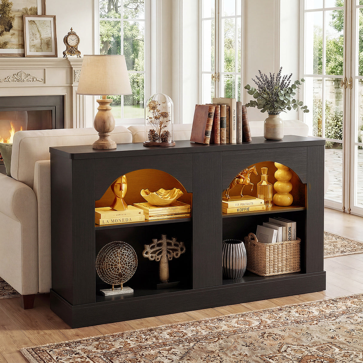 Entryway Table with LED Lights, 47" Farmhouse Console Table with Adjustable Shelves, Sofa Table