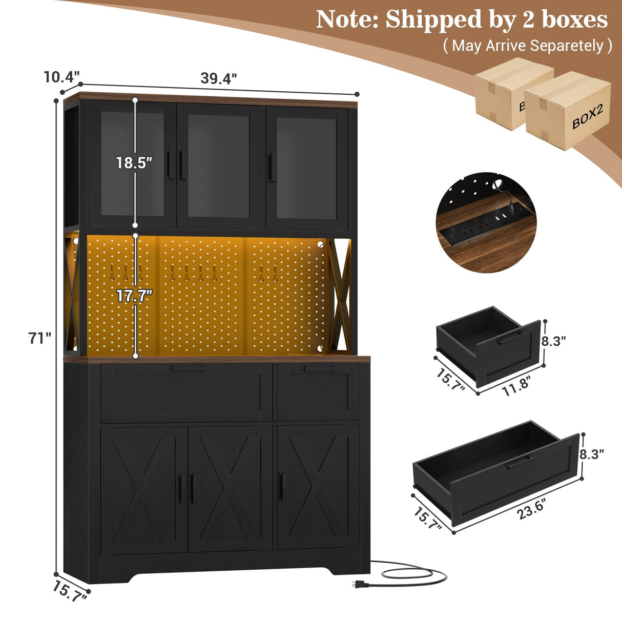 71" Tall Pantry Cabinet, Kitchen Pantry Storage Cabinet with Charging Station & LED Lights, Freestanding Microwave Stand Coffee Bar Hutch with Drawers & DIY Pegboard for Dining Room
