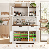 71" Tall Pantry Cabinet, Kitchen Pantry Storage Cabinet with Charging Station & LED Lights, Freestanding Microwave Stand Coffee Bar Hutch with Drawers & DIY Pegboard for Dining Room