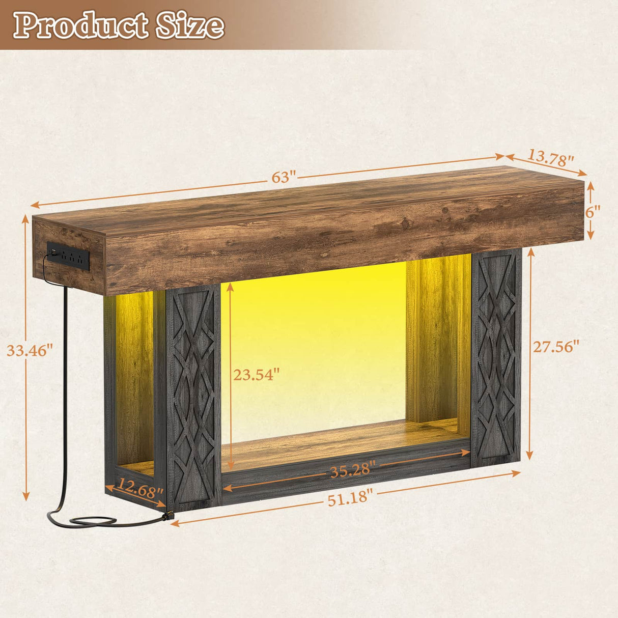 63" Console Table with LED Lights & Outlets, Farmhouse Entryway Table with Geometric Lattice Pattern, 2-Tier Narrow Sofa Table Behind Couch for Living Room, Hallway, Foyer
